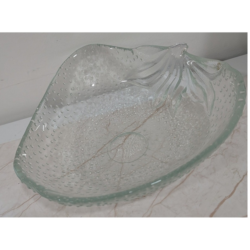 Vintage Clear Textured Glass Strawberry Shaped Fruit Bowl Leaf Detail Dish